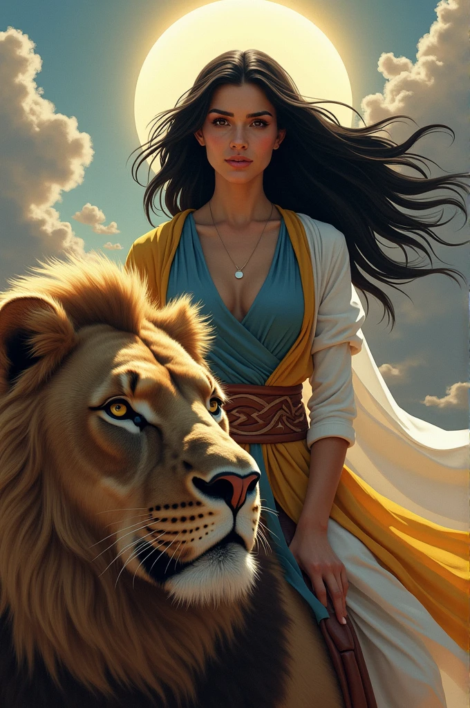 a beautiful iranian woman riding a lion, the woman's long black hair flows over her shoulders, her eyes are pierering and her look is full of courage around her head is halo of light on wich is written: woman, life, freedom, her Clothes are weith and blou and yelow colorful and the character of a determined and fearless woman, looking directly at the polices are standing against her.