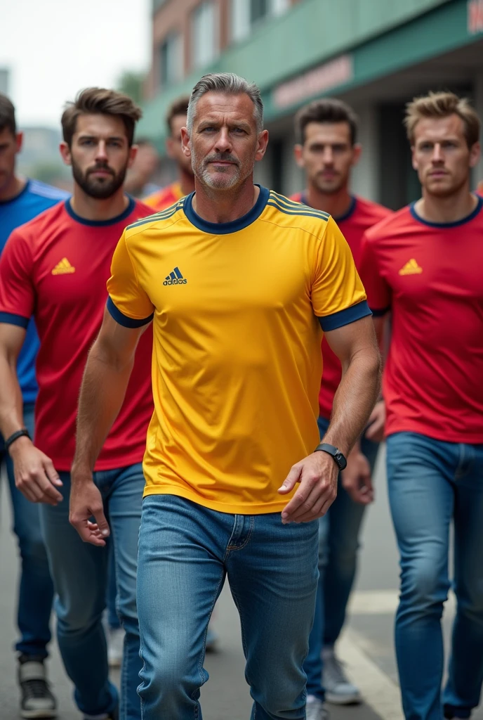 Men in football shirts and jeans