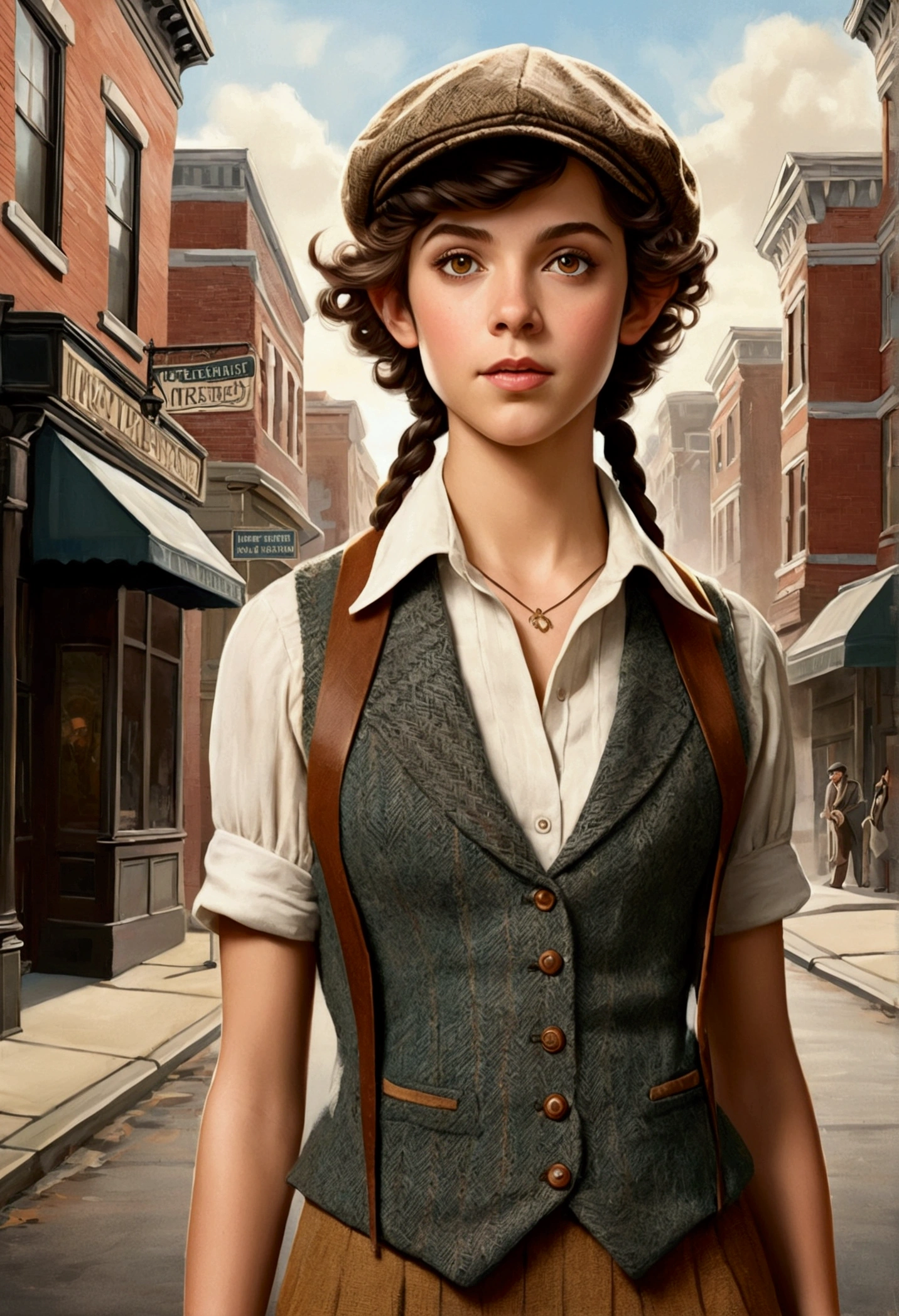 An illustrated movie poster, hand-drawn, full color, a teenage elven girl, wearing a tweed vest and a newsie cap, athletic hourglass figure, long pointy elf ears, amber eyes, dark hair, curly bob cut, deep sun-tanned skintone, standing on an victorian-era street corner, graphite shading, stencil marks, airbrushed acrylic paint, masterpiece, in the style of the Sherlock Holmes