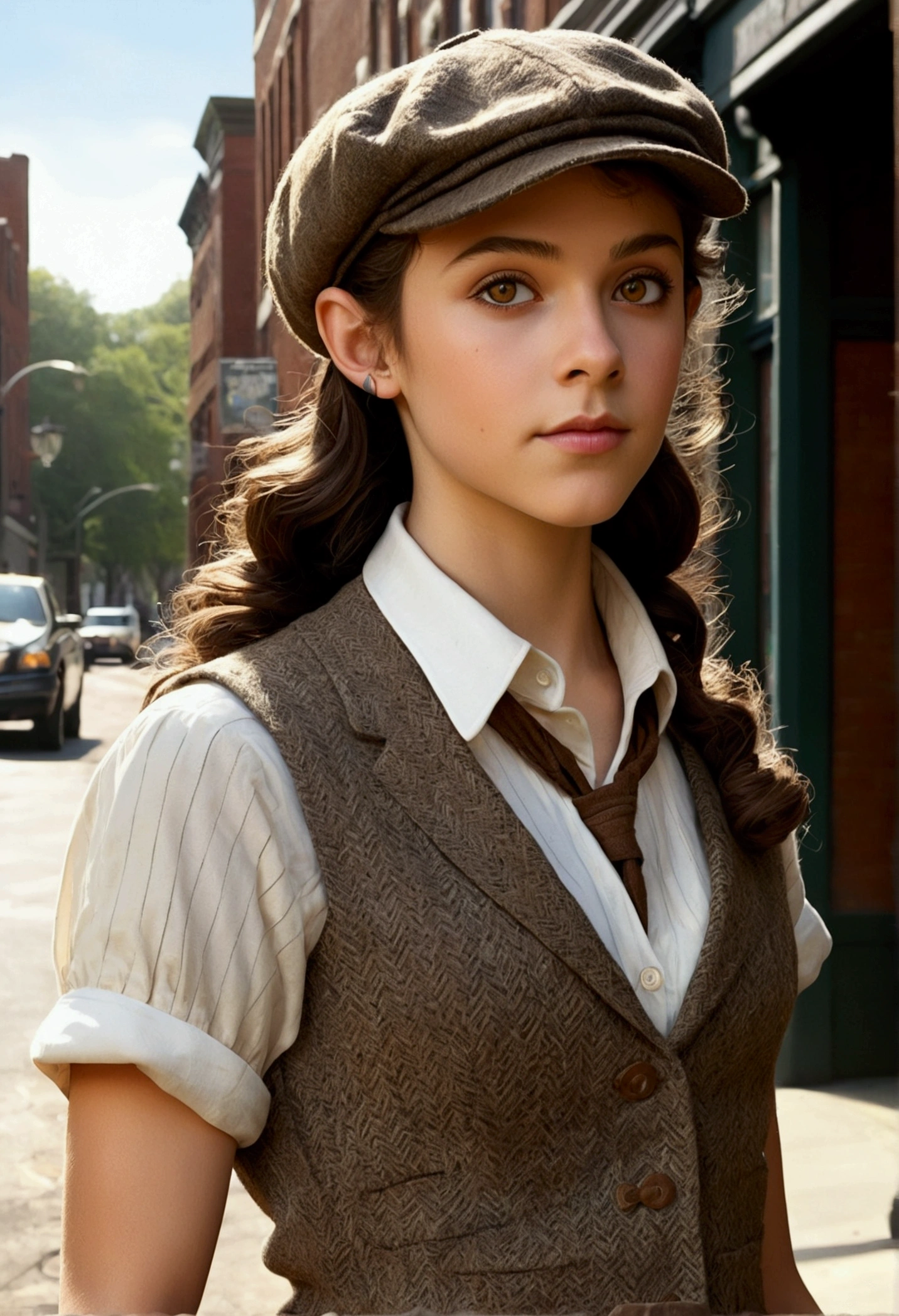 An illustrated movie poster, hand-drawn, full color, a teenage elven girl, wearing a tweed vest and a newsie cap, athletic hourglass figure, long pointy elf ears, amber eyes, dark hair, curly bob cut, deep sun-tanned skintone, standing on an victorian-era street corner, graphite shading, stencil marks, airbrushed acrylic paint, masterpiece, in the style of the Sherlock Holmes