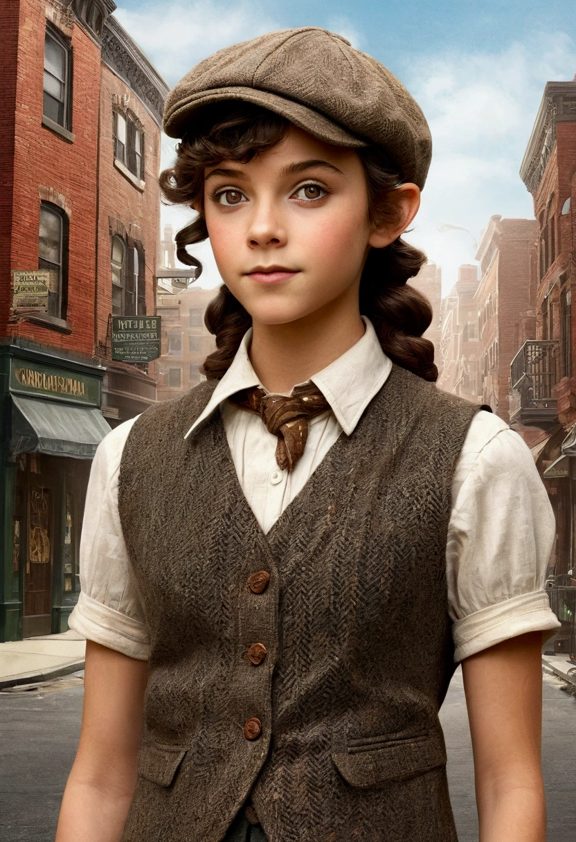 An illustrated movie poster, hand-drawn, full color, a age elven girl, wearing a tweed vest and a newsie cap, athletic hourglass figure, long pointy elf ears, amber eyes, dark hair, curly bob cut, deep sun-tanned skintone, standing on an victorian-era street corner, graphite shading, stencil marks, airbrushed acrylic paint, masterpiece, in the style of the Sherlock Holmes