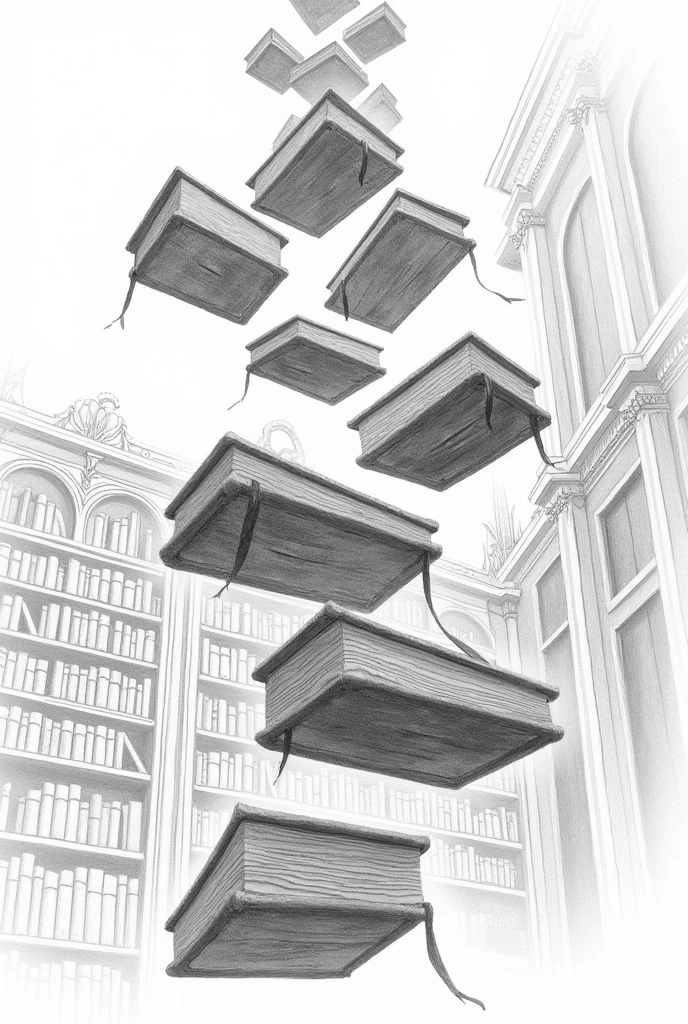 Several old bookshelves flying, flying bookshelves, shelves full of books, library with old floating bookshelves, pencil draw, drawing without shadow, outline, Draft, black and white drawing, semi realistic drawing
