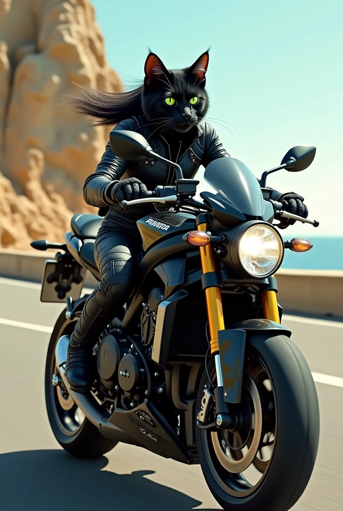 Une photo réaliste d’une chatte noire aux yeux verts qui chevauche une moto triumph speed triple de l’année 2000 et qui a un look de rockeuse et des percing roulant à vive allure sur la corniche de Marseille.