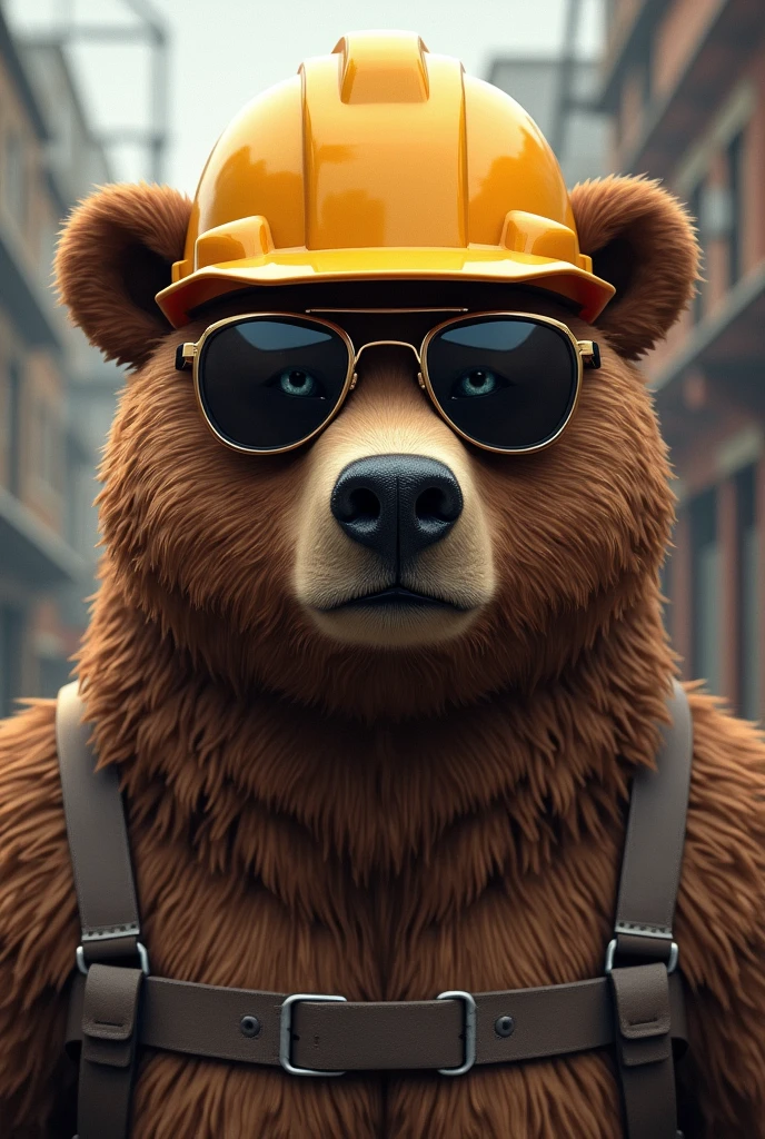 there is a bear wearing a hard hat and sunglasses, a digital rendering by Randy Gallegos, reddit, furry art, ( bear wearing sunglasses, portrait of anthropomorphic bear, brown skinned, Neo Norilsk, half brown skinned bear, half bear, bear, mascot illustration, 3D icon for mobile game, official character illustration