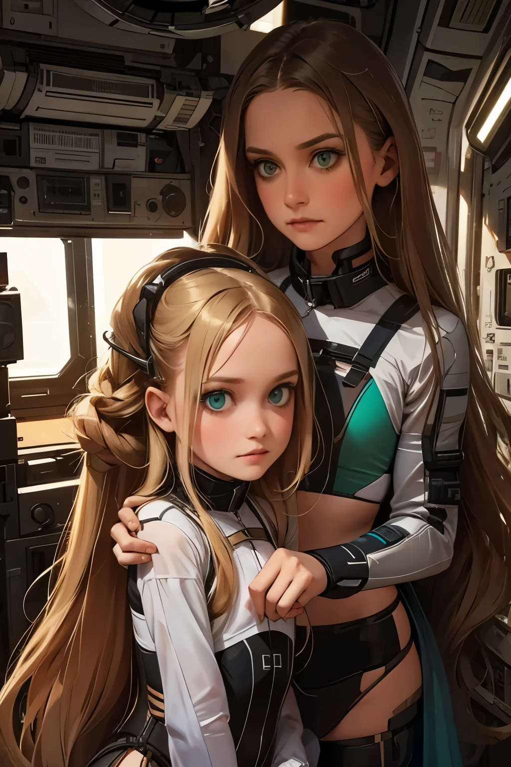 two ***********s and a mother in a space station, a with long blond hair, a with long brown hair. Mom with long hair and dark green eyes