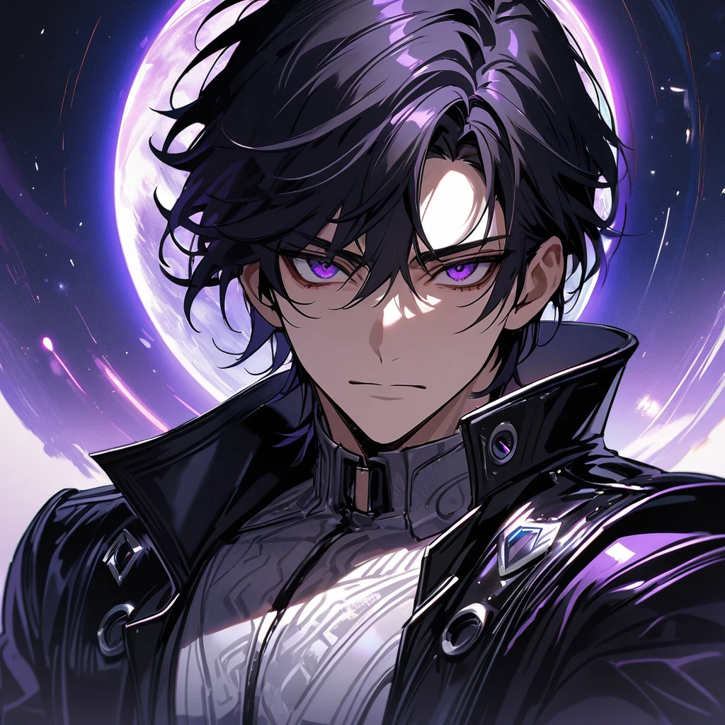 High quality, HD, 4k, no shadows, handsome male, handsome, extremly handsome, 1male, 1 male, teenager, pure black hair, short black hair, dark hair, black hair, jet black hair, sharp eyes, deep purple colored eyes, dark purple colored eyes, deep violet eyes, violet eyes, devil may cry, close up, calm expression, stoic expression, black leather clothes, black leather clothing, leather clothing, lean body, well trained body, upper body, looking at viewer, cowboy shot, white solar, space background
