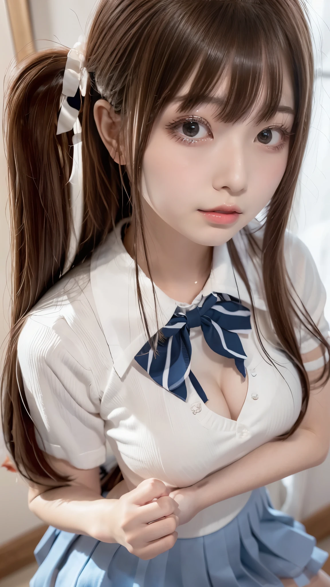 I'm a girl in a high school uniform, beautiful hair, Sexy side bangs, medium breasts、View the viewer、Detailed arms and hands、The perfectly correct hand、Side twin tail、Pretty lips