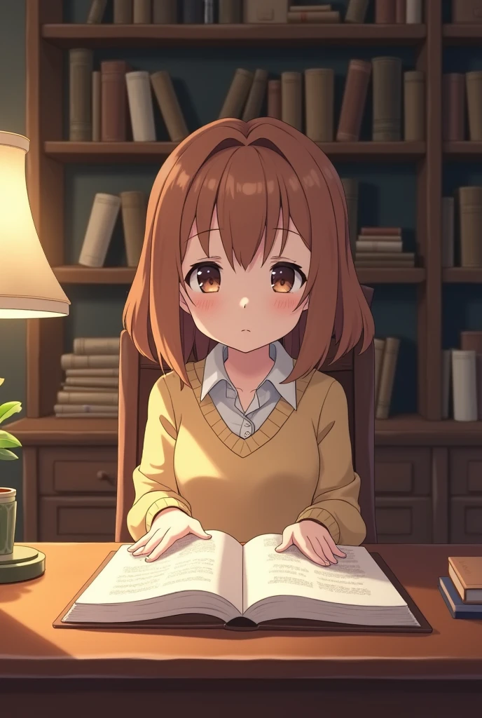 anime girl with brown hair sitting in a cozy brown study looking down at her book
no fire and she is sat at a desk