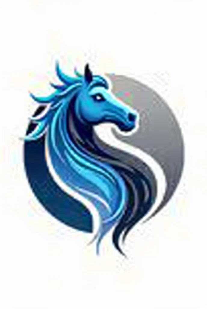 Create a logo with 2 horse heads, one blue and one grey. The horse heads should be in a “yin and yang” style and circular 