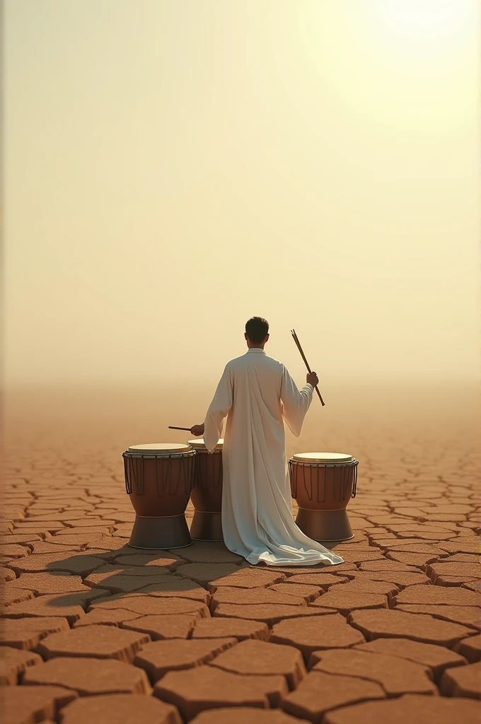 A drummer dressed in a white robe playing drums on a dry field