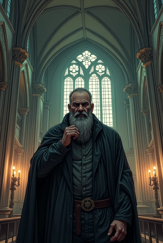 Very simple drawing of a bearded father plotting an evil plan inside a church