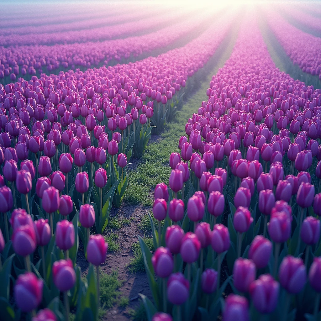 Aeriel view of grass space on the ground surrounded by purple tulips in a magical field