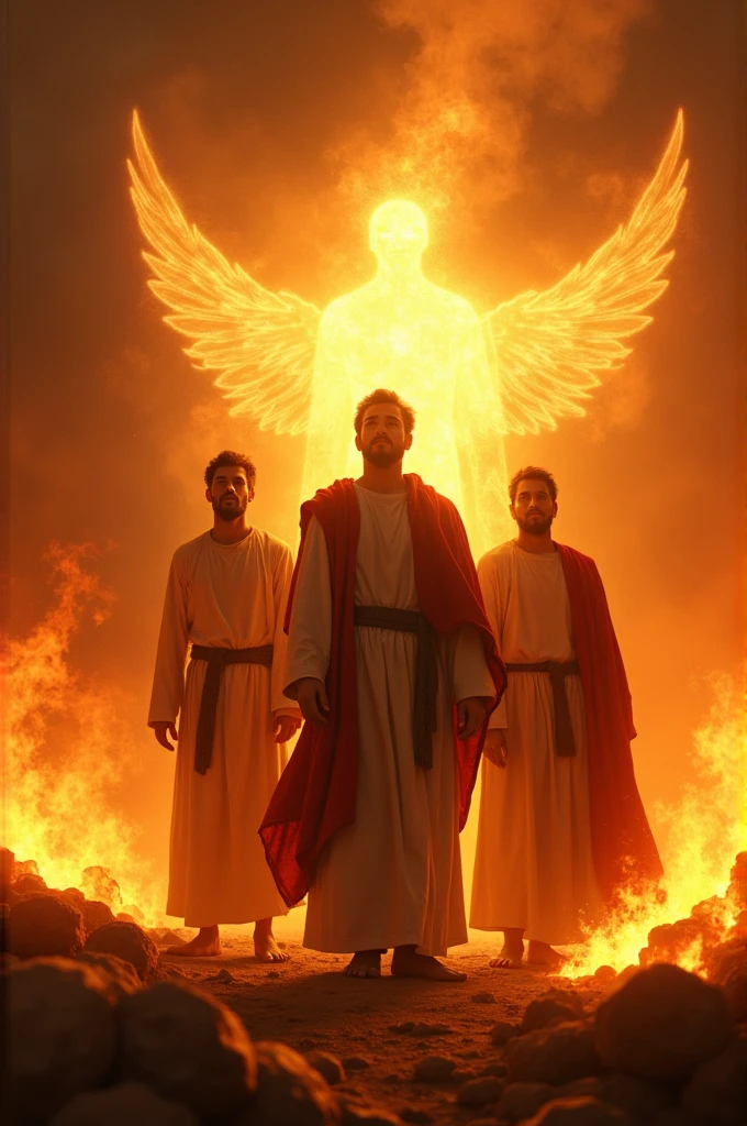 Shadrach, Meshach, and Abednego standing defiantly in the midst of roaring flames, with a radiant figure, resembling an angel or the Son of God, standing beside them, protecting them from the fire. The flames are intense, but the three men remain unharmed, their expressions calm and resolute." 2000bc, hyper realistic