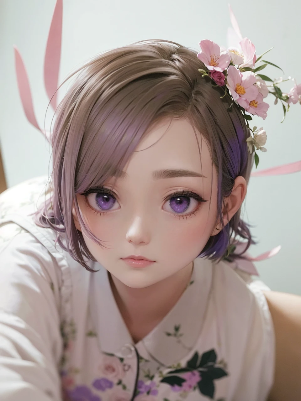 Woman with short wolf cut and purple hair Beautiful woman Floral pajamas 2.5D 