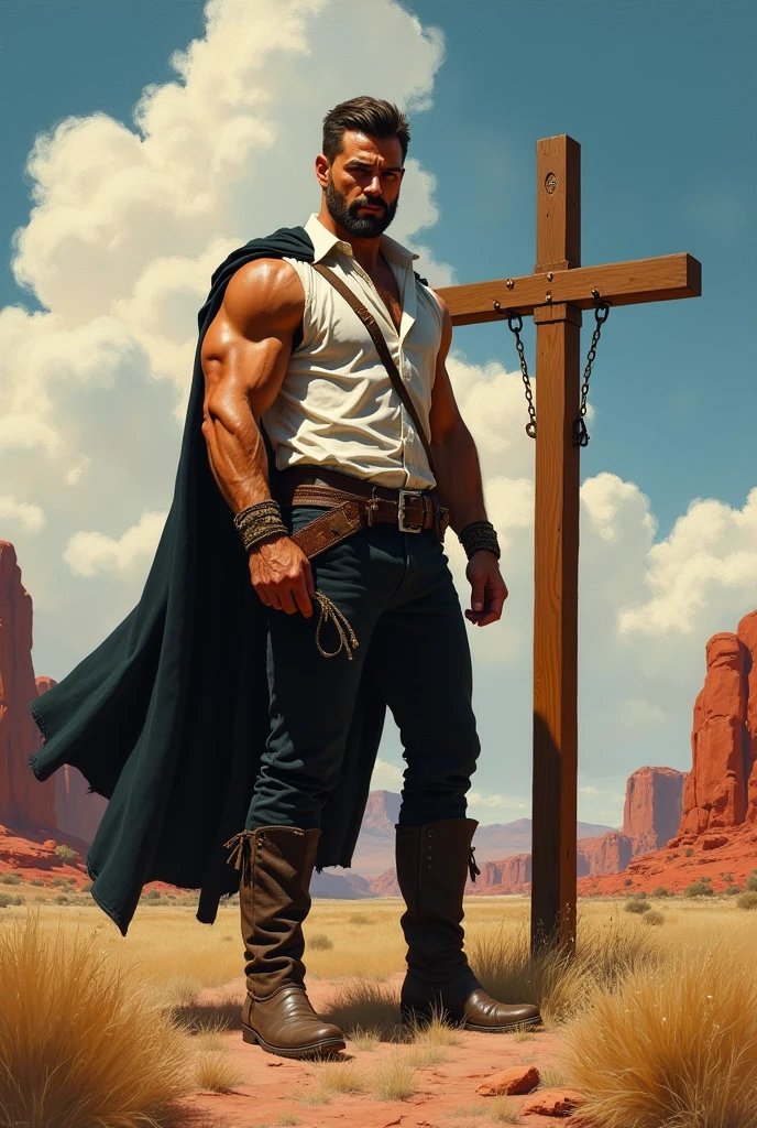 (A strong man, boy: brave, strong)(oil painting, a high resolution:1.2,Sharp Focus)(detailed face:1.2,detailed eyes:1.1)(Intense expression:1.1,confident)(long black hair to the shoulders, Mild unshaven)(take a dynamic pose) (black dust cloak, White shirt, black trousers, cowboy boots), (prairie background:1.1, red rocks, Rolling clouds)(soft lighting, warm colors)(bright colors, Vibrant Palette), (large wooden cross, standing next to him), (a cross as tall as a man, portable, chain)