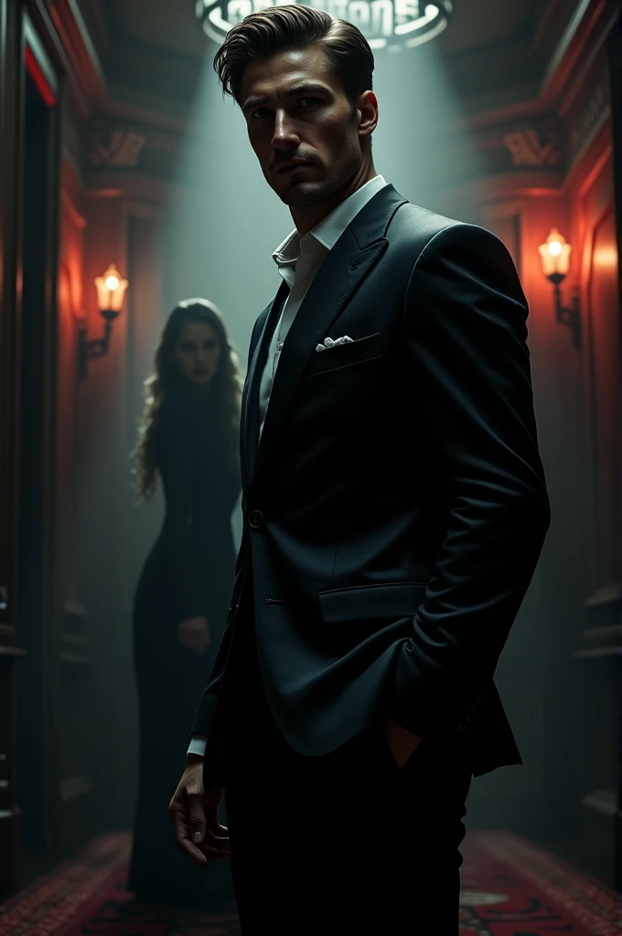 Create an image featuring a man that is tall, young, handsome, has an imposing figure with a chiseled jawline. His expression is determined, reflecting the inner turmoil of a man driven by revenge. He has short, dark hair, and is dressed in a sleek, tailored suit, standing in a dimly lit room that exudes power and wealth, with a shadowy, ominous atmosphere.
In the background, a silhouette of a woman is barely visible, her presence haunting him. The scene should convey tension, mystery, and the sense of an impending confrontation. The overall color palette should include bright tones, with accents of deep red and metallic silver to symbolize both passion and cold vengeance.