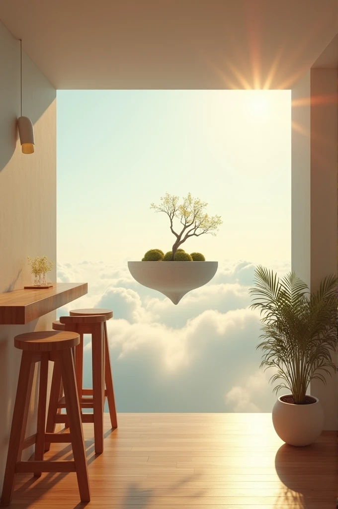 vintage photography,modern interior,white walls,wooden floor,potted plant,bar stools,close-up shot,angled perspective,off-center framing,in a floating island in the sky,sensual lighting,Earth Tone color palette,film photo,vivid colors,shot on Sony A6400 with Sony E 35mm f-1.8 OSS,photo by Harry Benson