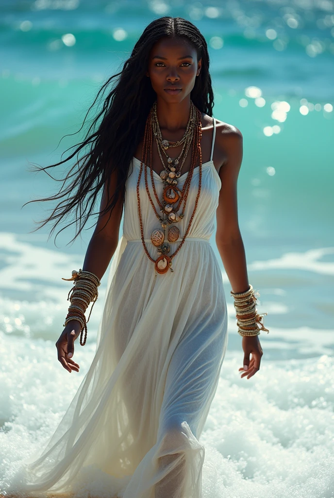 A beautiful black woman coming out of the sea in the background , clear blue sea with foaming waves , walking wearing white clothes with cowries , lots of shells and cowries in her long hair,copper and stone bracelets on the wrist and 3d shell necklaces , close up hyperrealistic image.
