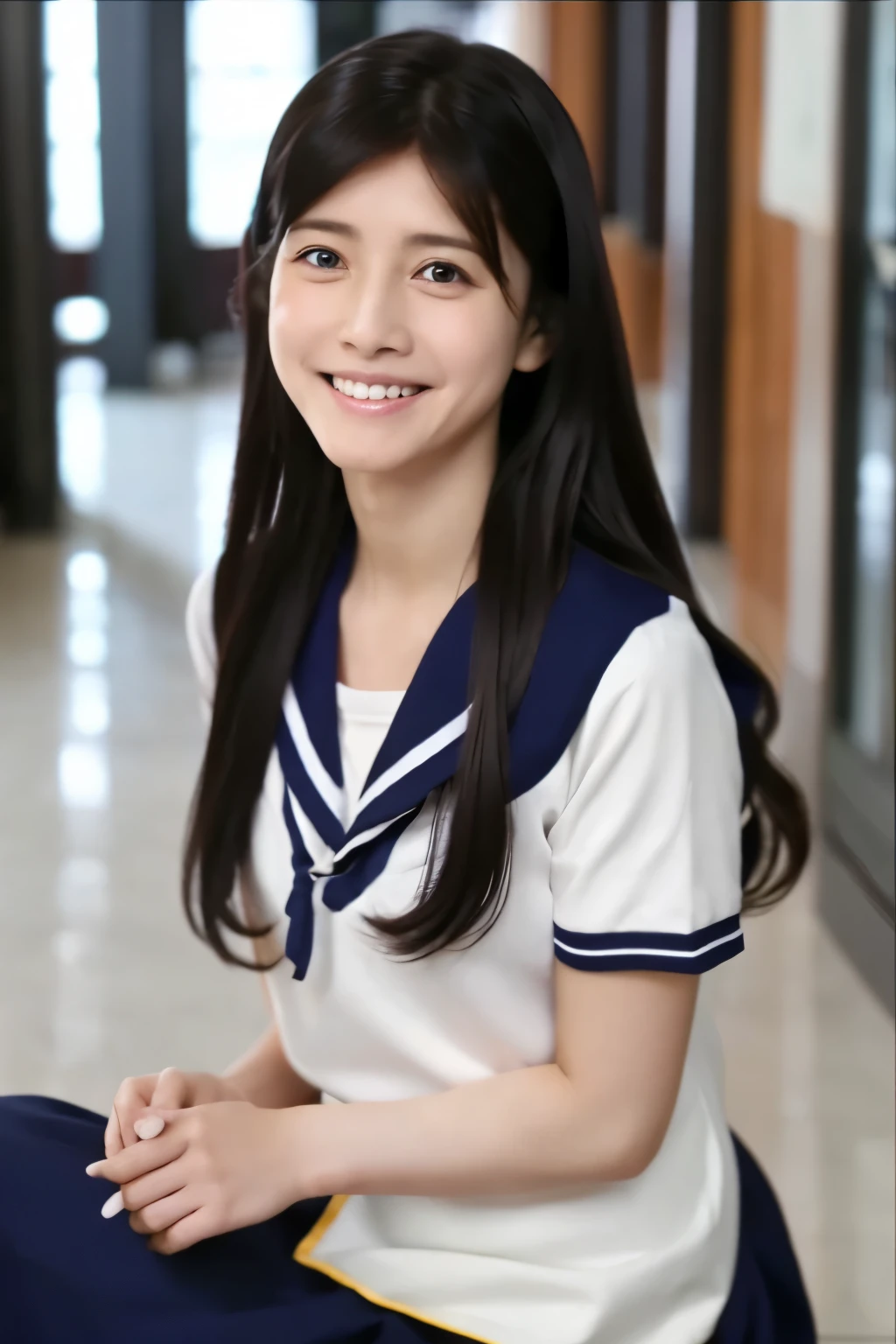 (Raw photo:1.2), (Photorealistic:1.4),Sailor suit,A young woman with long hair who looks both young and grown-up,Calm expression,Gently glance over,Long black hair,Background is a school hallway,Running with her skirt fluttering,The woman has a modest smile,10 second video
