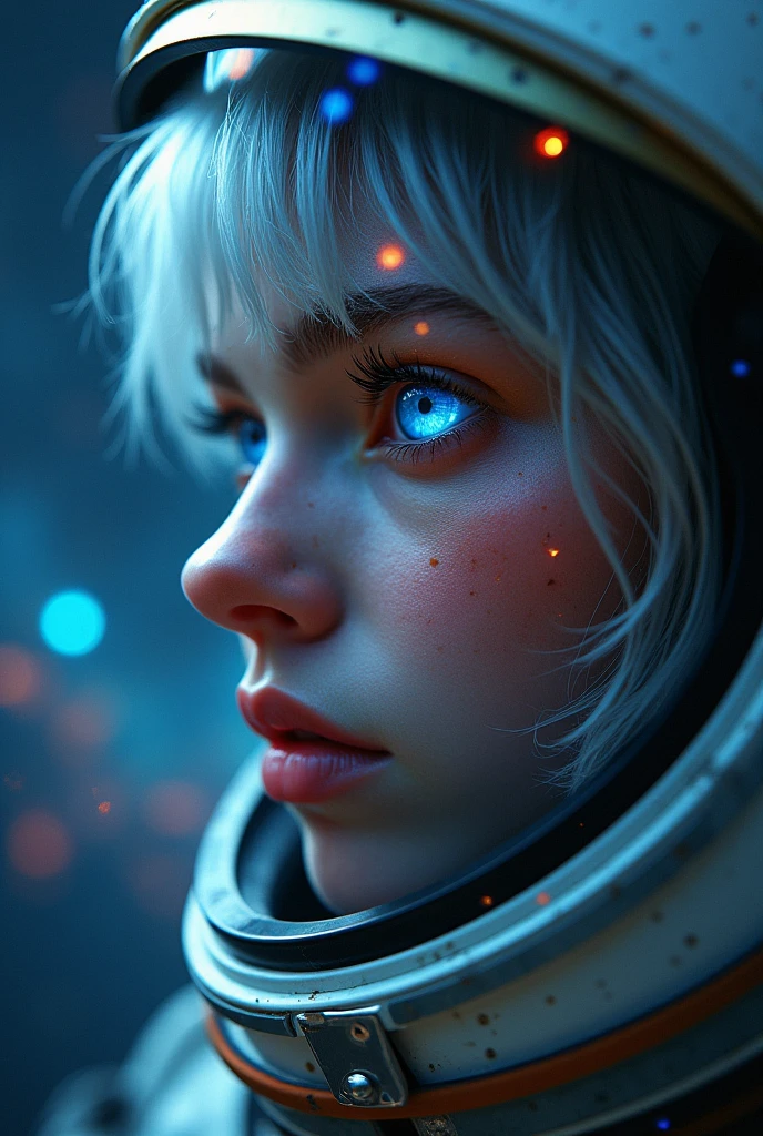 (Close-up of a better masterpiece:1.5)0.9], (Space and astronauts:1.2) (Messy silver hair:1.1) (Heterochromia xanthochromia and blue eyes:1.2) (Space Helmet:1.0) (Colored stars in the eyes:1.0) (A radiant glow:1.1) (thick lips:0.9)