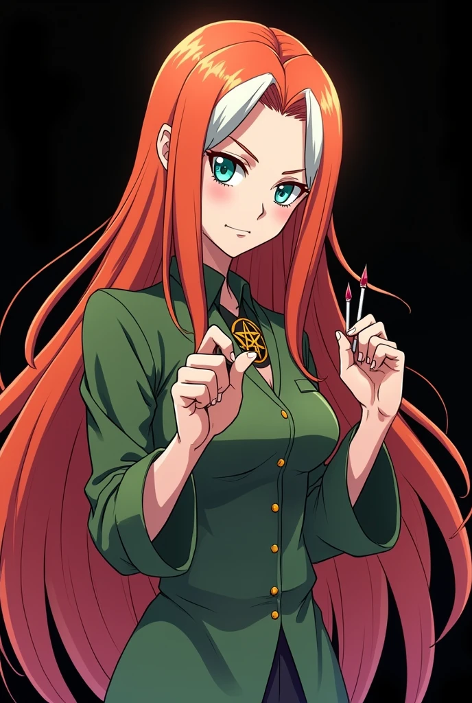 A full body image of a girl named Hana Watanabe, personagem do anime "dragonball z", she is very beautiful, with long, straight, fire-colored hair with two white streaks highlighted in the front, framing your face. She has blue-green eyes and pale skin.. she is a Wiccan, she is in fighting pose. she wears a pentagram necklace, she holds a nail hammer and small nails. It is drawn with Akira Toryama&#39;s animation. black backdrop.