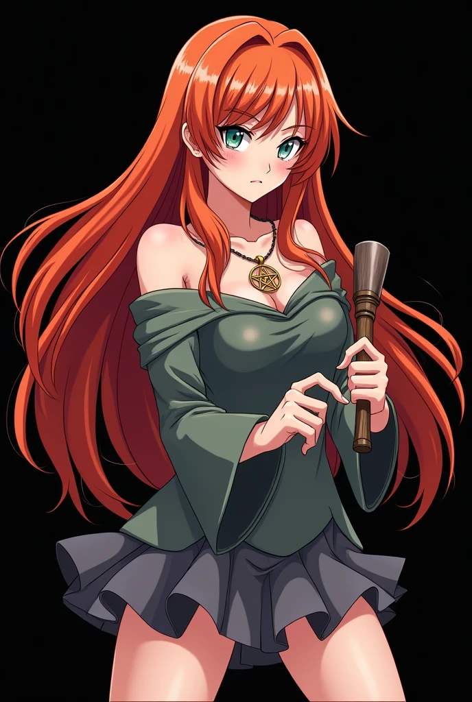 A full body image of a girl named Hana Watanabe, personagem do anime "dragonball z", she is very beautiful, with long, straight, fire-colored hair with two white streaks highlighted in the front, framing your face. She has blue-green eyes and pale skin.. she is a Wiccan, she is in fighting pose. she wears a pentagram necklace, she holds a nail hammer and small nails. It is drawn with Akira Toryama&#39;s animation. black backdrop.