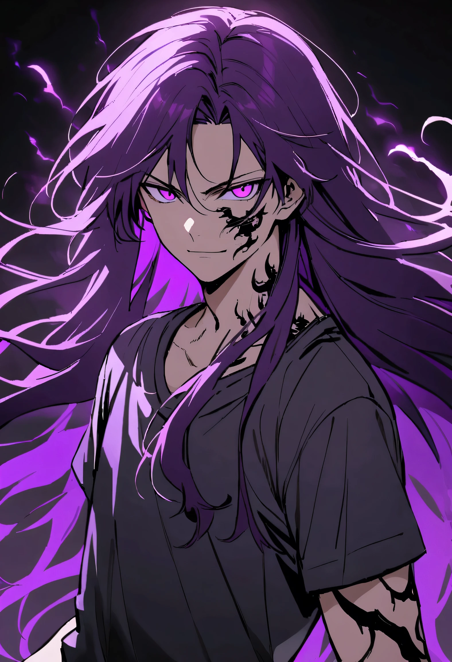 teenage boy, tidy hair, long hair, Bright purple hair, big strip, bright purple eyes, serious face, simple smile, ripped wide gray shirt, many black tattoos on the body, dark aura around the character.