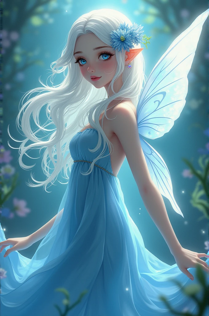 A water fairy woman with hair that is an ombré that goes from white to dark blue hair. She has blue eyes and wears a light blue dress. Her wings are white with an blue iridescent hue. Realistic artstyle.