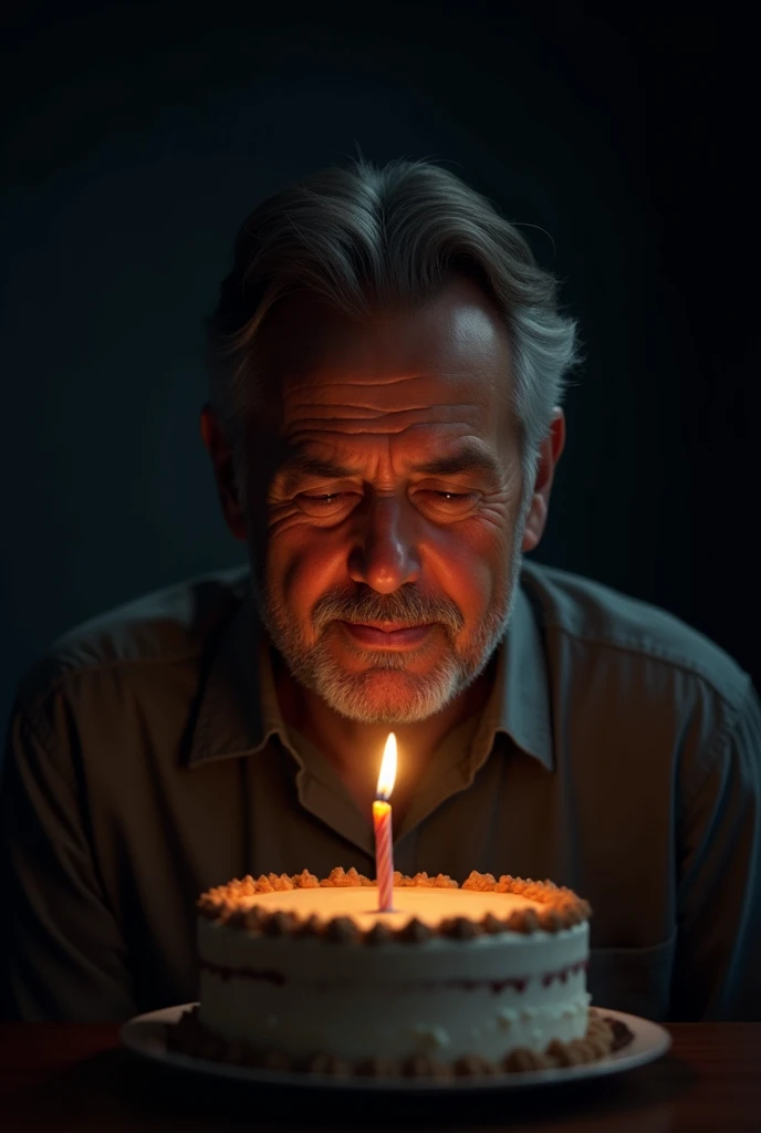 man blowing out candle on cake with dark background