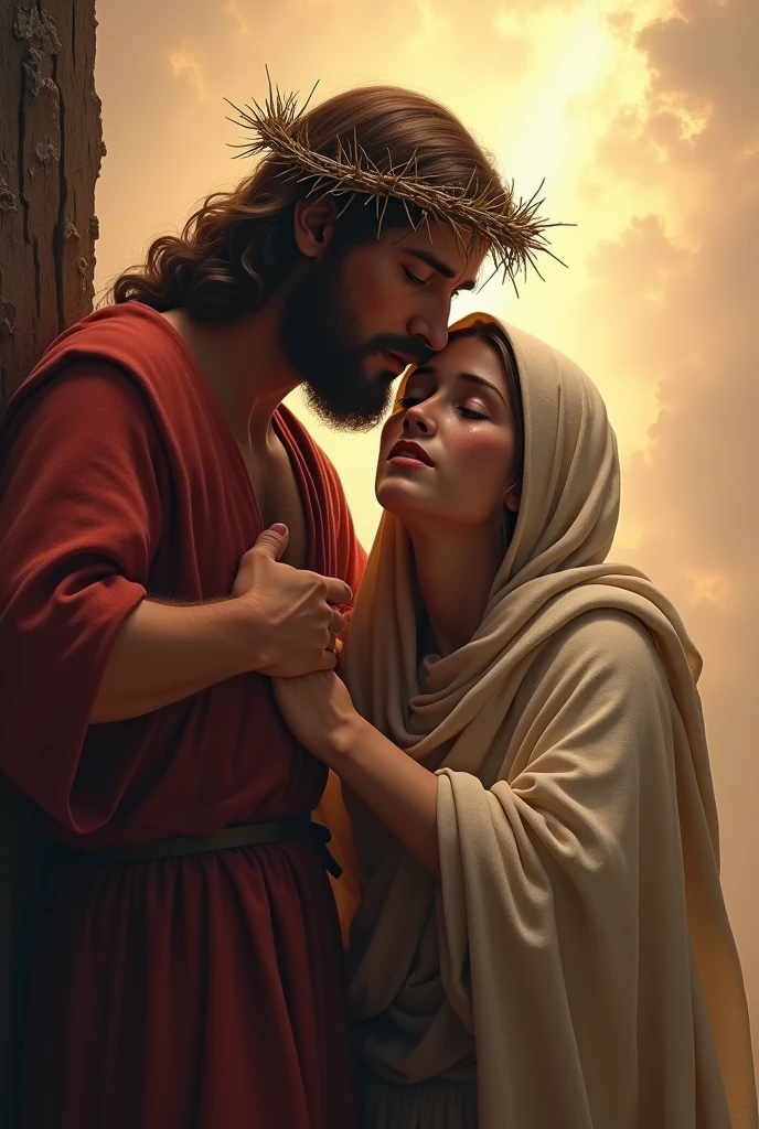 A deeply emotional scene depicting Jesus Christ wearing a crown of thorns, with an expression of compassion and pain. He is reaching out with one hand extended towards the viewer, as if offering comfort or solace. His other hand rests on his heart. His mother, the Virgin Mary, stands beside him, also extending her hand towards the viewer. She is portrayed with a gentle and sorrowful expression, her eyes filled with tears, and she wears traditional robes. The background is soft and warm, with light rays breaking through the clouds, creating a serene yet poignant atmosphere.