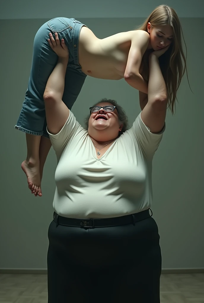 Create a photo of an elderly woman, 90 years old, obese, with black and dark skin, wearing a white shirt and black skirt and glasses, lifting the body of a 30-year-old woman from the ground by the waist and lifting it high into the air, with light white skin, long brown hair, slim body, without a bra with bare breasts and wearing jeans