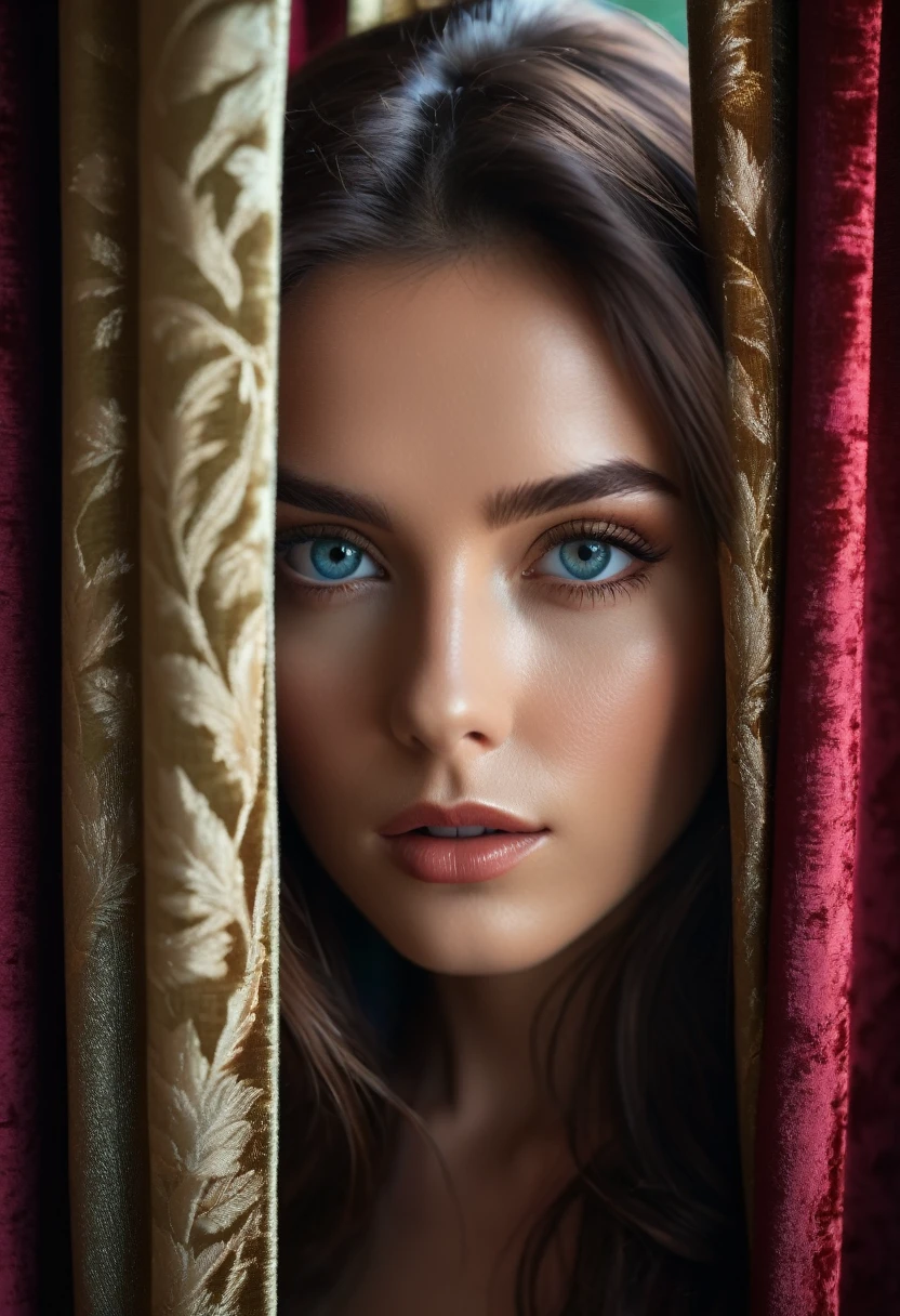 RAW photo, beautiful eyes, masterpiece, peeking out from behind the curtains, colorful details, award-winning, high detail, 8 K, daylight, analog film, detailed skin, stunning composition, complex parts, subsurface scattering, velvet hair, amazing textures, cinematic, chiaroscuro, soft light