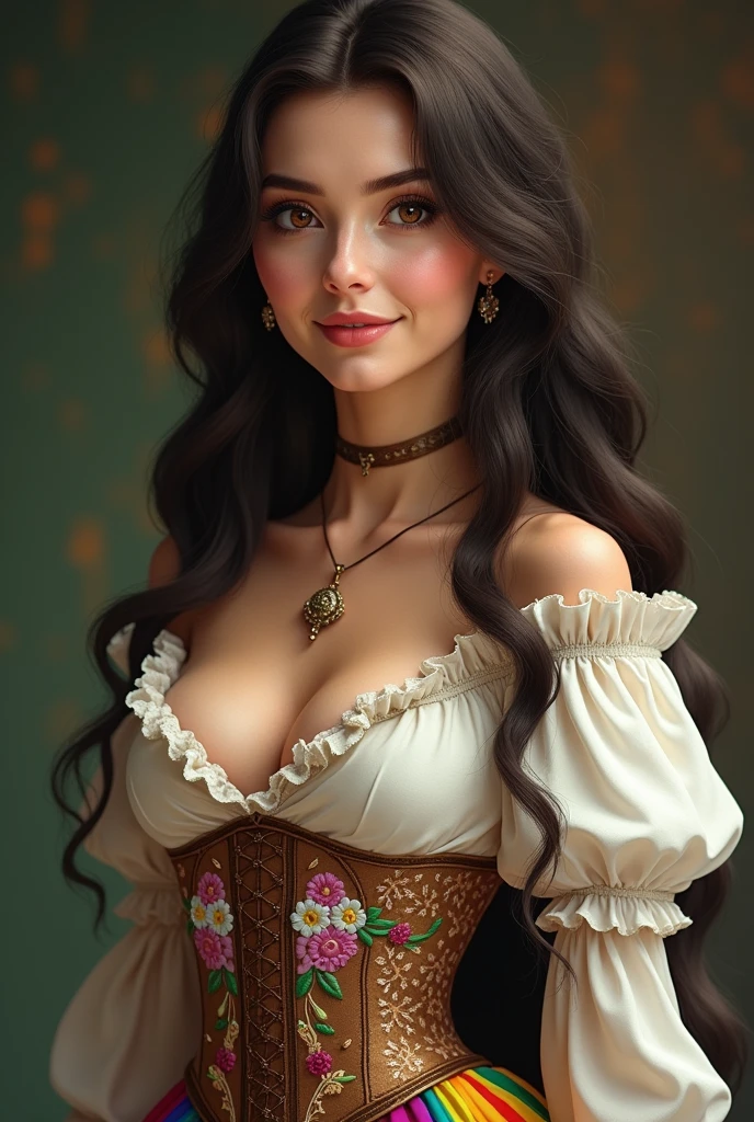 A bard with dark brown long hair and brown eyes. She looks like Lucy Gray. she smiles. She is wearing a white blouse, over it a corset embroidered with flowers and a colorful rainbow skirt.