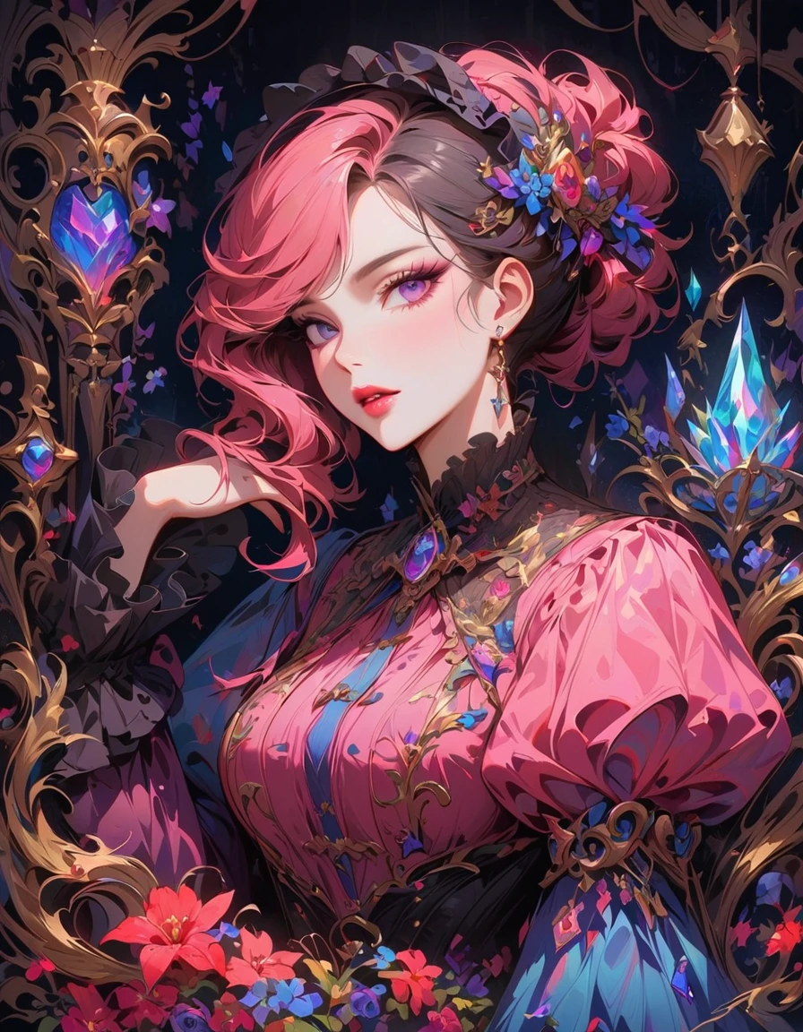 detailed textures, high quality, high resolution, high accuracy, realism, color correction, correct lighting settings, harmonious composition.Woman beauty, manhwa style, a lot of details, good detailing, beautiful makeup, jewelry, crystal and precious stone jewelry, anime eyelashes, full lips, serene expression, cover manga, different colors in clothes, stylish looks, victorian england, full view, various light sources, hairstyle, color hair, premium, textured, aesthetic, artstation, trending on artstation, colorful., ПЕРЕРЫВ шедевр, Высокий_рез, красивое лицо, Эффект Тиндаля, фото реалистичный, (Высокий detailed skin:1.2), 8К uhd, Высокий quality, Высокий резolution, 4K, 8К, боке