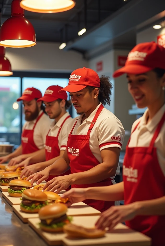 Big Burger workers in Big Burger uniform 