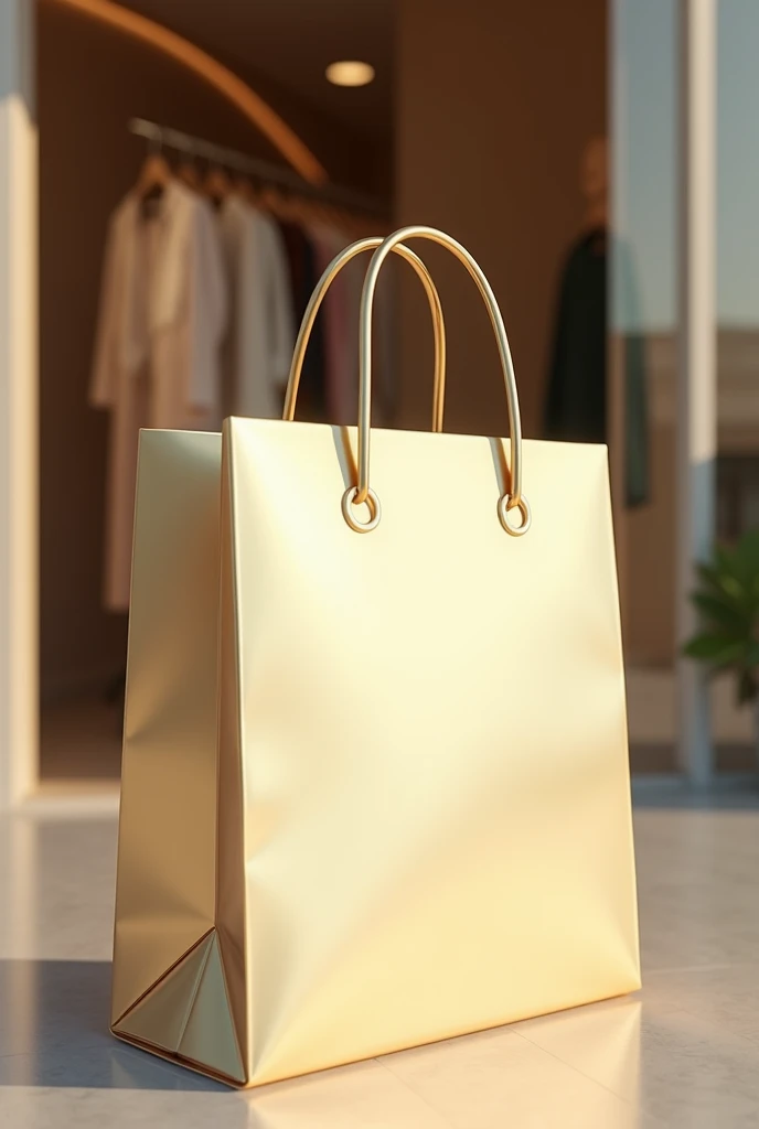 Create an image of a gleaming shopping bag in golden, white and beige tones, symbolizing luxury, craftsmanship and innovation. The shopping bag should be prominently featured against a minimalistic shop background, conveying a sense of anticipation and excitement. Include subtle hints of a shop or storefront in the background to suggest that we will soon be opening a store. Overall, the image should evoke a feeling of quality and readiness, inviting our audience to look forward to our upcoming launch