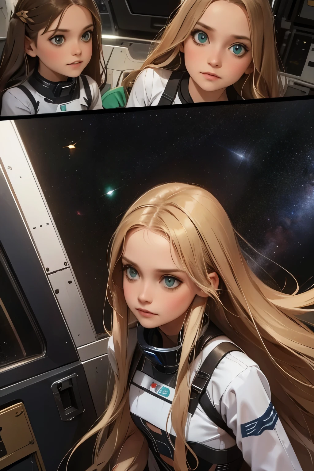 two ***********s and a mother in a space station, a with long blond hair, a with long brown hair. Mom with long hair and dark green eyes