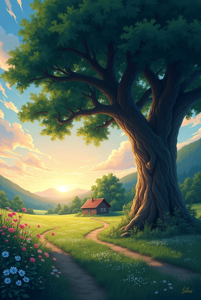 Depict a quiet countryside twilight with a towering tree dominating the right side of the image, its dark green leaves catching the last light of the fading sun. The sky transitions from a warm orange to deep indigo. In the background, include a small wooden cabin surrounded by trees and a field of wildflowers, all bathed in the soft, warm glow of dusk. Anime style