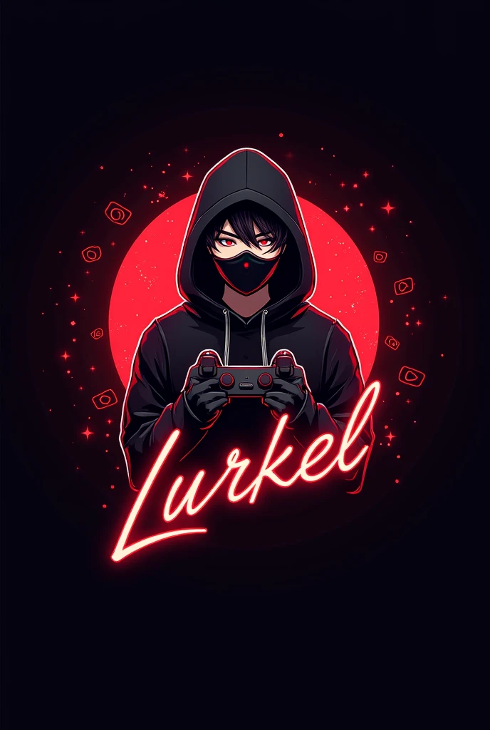 This is a gaming logo that features the name "lurkel" in a futuristic font and a red  colour and adult boy Anime avtar with mask, The logo also hasa stylized controller icon and a You tube play button in the background. The logo is designed to be attractive and eye-catching,, and to appeal to gaming enthusiasts and You Tube viewers. I hope like it.