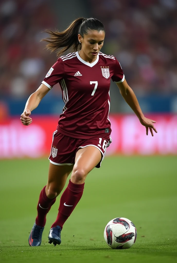 Woman in maroon soccer uniform kicking a soccer ball, Annie Lebovetz, lorena avarez, Holly Bruce, Julia Sardinia, Amanda Clark, Carolina Gariba, Profile picture, Laura Watson, Marta Syrko, Julia Fuentes, corinne's day, sanja stikovic, ellie victoria gale, simona sbaffi is the captain, thighs!!!! gorgeous