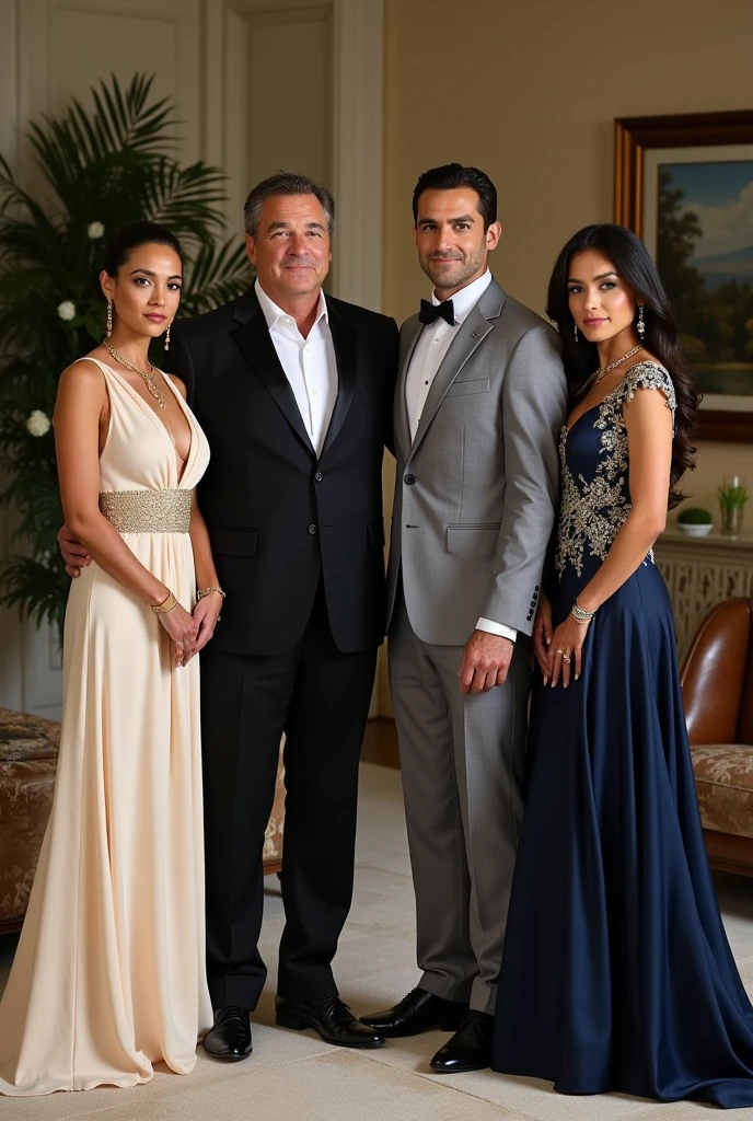Description of the Photograph of the Current Mazzoni Family Lineage 1. enviroment:
The photograph is taken in an elegant living room or garden with sophisticated decoration. The background is a refined environment, possibly with classic furniture, fresh flowers and luxurious details like art canvases or large windows with stunning views. The lighting is soft and natural, highlighting the elegance of the scene.
2. Photography Composition:
- John Vicente Mazzoni (Ian Bohen):
Position: He's front and center, with a confident posture and a kind smile.
Appearance: Ian Bohen, with his signature style, wears a well-fitted dark suit, maybe in navy blue or dark grey, with a white shirt and a silk tie in a sober tone, like gold or silver. His hair is neatly combed and he exudes an air of sophistication and leadership..
- Clara Williams Dubois Albuquerque Mazzoni (Bridget Regan):
Position: Clara is next to Giovanni, slightly behind, with a warm and elegant expression.
Appearance: Bridget Regan looks stunning in a long, sophisticated gown, in a white or cream tone, with subtle gold details. The dress is elegant and fluid, with a classic design that highlights its grace. Your hair is loose or in an elegant bun, and she wears understated jewelry that complements her look.
- Thomas Mazzoni (Tom Welling):
Position: Thomas is next to his mother, a little while ago, with a relaxed but confident posture.
Appearance: Tom Welling wears a well-cut suit, possibly in light gray or dark blue, with a white shirt and a tie in a sober tone. Your style is modern and elegant, reflecting a balance between professionalism and personal charm. Your hair is well-groomed and your gaze is serene and determined..
- Ailyn Mazzoni (adriana lima):
Position: Ailyn is next to Thomas, with a graceful posture and a charming smile.
Appearance: adriana lima está deslumbrante em um vestido de gala em um tom sofisticado, like gold or navy blue,