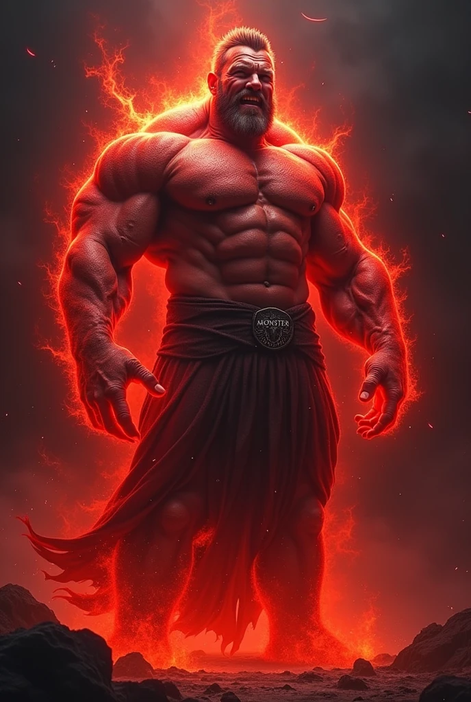 A man all red and muscular. Viking style with a God twist. He is very powerful and shows fear and respect with his gaze.. His body is all muscular and his smile is sadistic. It has red effects around it. Written "MonsterLabs" below.
