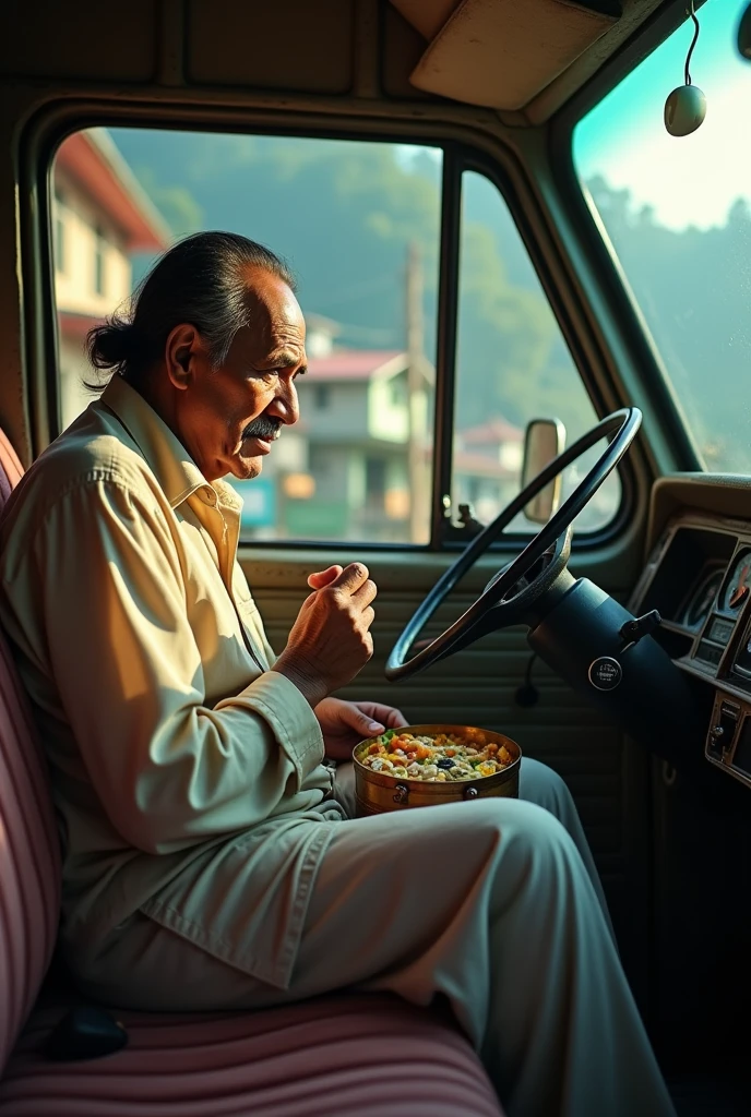 cinematic, photo realistic film poster of a man fristated staring ahead while seated on the driver’s seat of a Van, his wife eating from a tiffing box, afternoon, kalimpong town