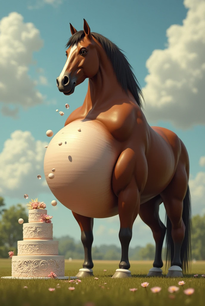 A fat brown mare pregnant with 20 foals stands next to a wedding cake on the side of a field she starts eating the cake and her belly is the size of the house next door standing on all fours with a fat meaty ass and a pregnant belly hanging down her body while burps come out of her mouth and gas comes out of her ass