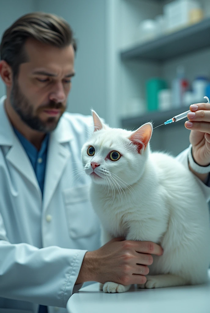The doctor injection being administered to the white cat, with the zombie features starting to fade.