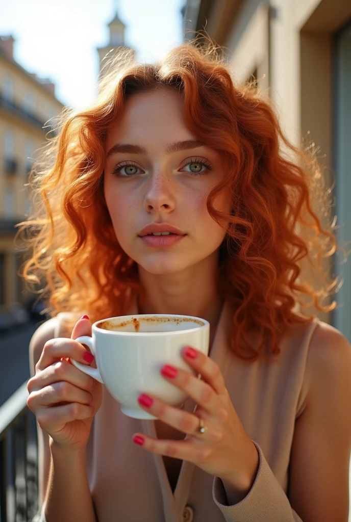 A medium shot of a charismatic young influencer, 2, with sumptuous ginger curly hair, captured in a Barcelona balcony drinking coffee. Iphone 14 pro max triple front camera, capturing natural light and shadows, raw.