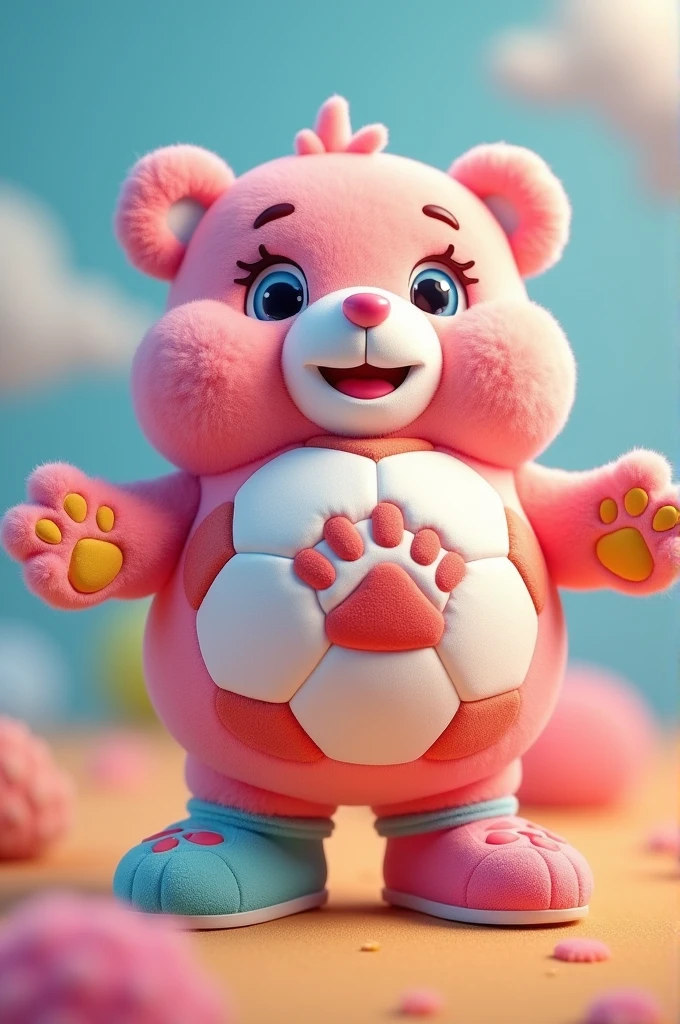 A ball with some cleats on the side, the image in the form of the Care Bears logos
