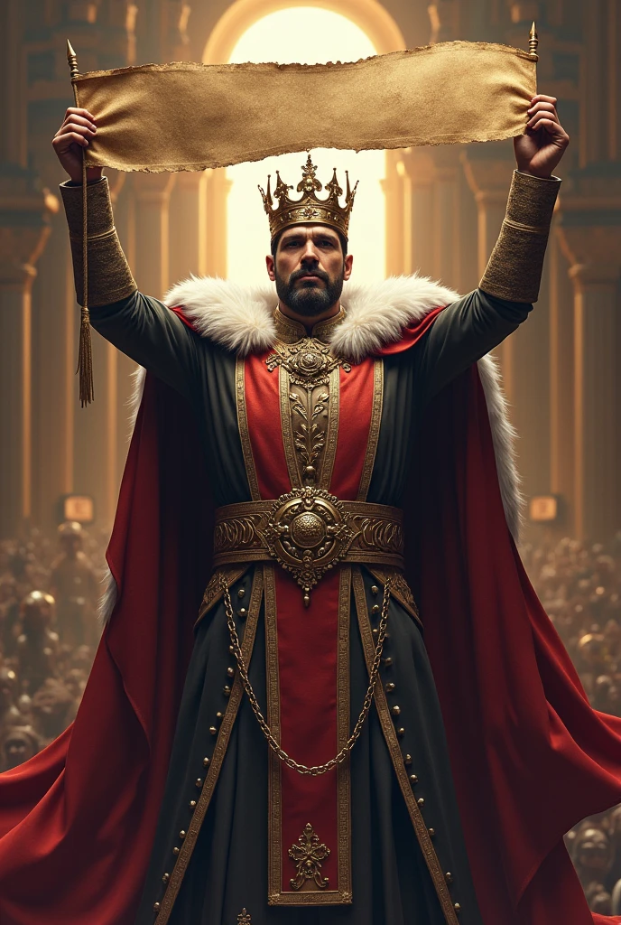 The king is standing with a crown on the head of the King of Instagram, holding a banner in his hand that reads