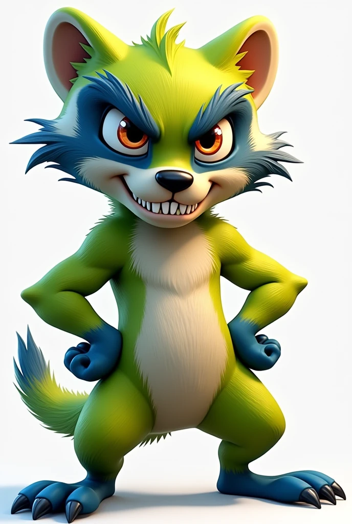 Create a cartoon-style badger image, similar to the style of Woody Woodpecker. O texugo deve ter:

cos: Mainly in lime green, with a vivid and saturated shine.
detaileds: Add cobalt blue accents to the paws and snout, and use silver to highlight some areas on the body, like the eyes and the outline of the teeth.
eyeballs: grandes e expressivos, with an intense and penetrating gaze. The eyes should be outlined in silver to highlight them..
dentões: Large, prominent teeth, with a silver shine, similar to a stylized badger.
expression: serious and imposing, with an expression that conveys confidence and a touch of threat, without being friendly.
General Style: The badger should have a cartoon style with strong, exaggerated features., similar to Woody Woodpecker, but with a more imposing look. Must not have a cape or superhero accessories.
Pose: The badger should be in a firm and assertive pose, conveying a sense of strength and presence.