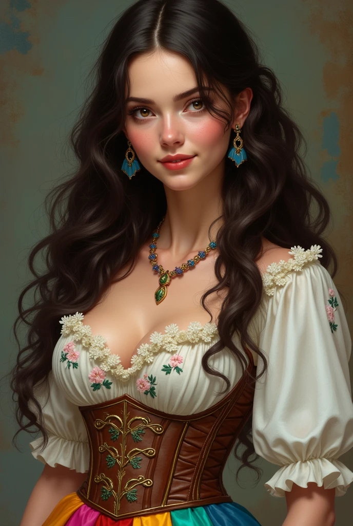 A bard with dark brown long hair and brown eyes. She looks like Lucy Gray. she smiles. She is wearing a white blouse, over it a corset embroidered with flowers and a colorful rainbow skirt.